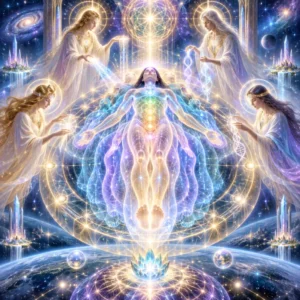 Quantum Astral Surgery – Sacred Energy Healing System Cosmic spiritual healing scene showing a luminous human energy body surrounded by divine astral guides, sacred geometry, chakra light, and quantum energy patterns.