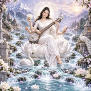 Goddess Saraswati dressed in white, seated on a lotus above a sacred river, holding a veena and surrounded by swans, flowers, Himalayan mountains, and ancient Indian temples.