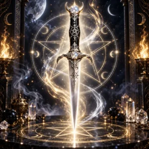 Silver athame ritual knife surrounded by magical symbols, pentagram, crystals, fire and luminous energy