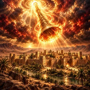 Ancient Jericho beneath a blazing celestial trumpet surrounded by fire, golden light, and mystical energy.
